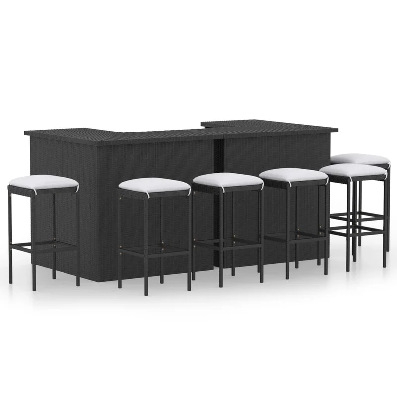 Meuble de bar de jardin 8 pièces avec coussins résine tressée noir 02_0014507