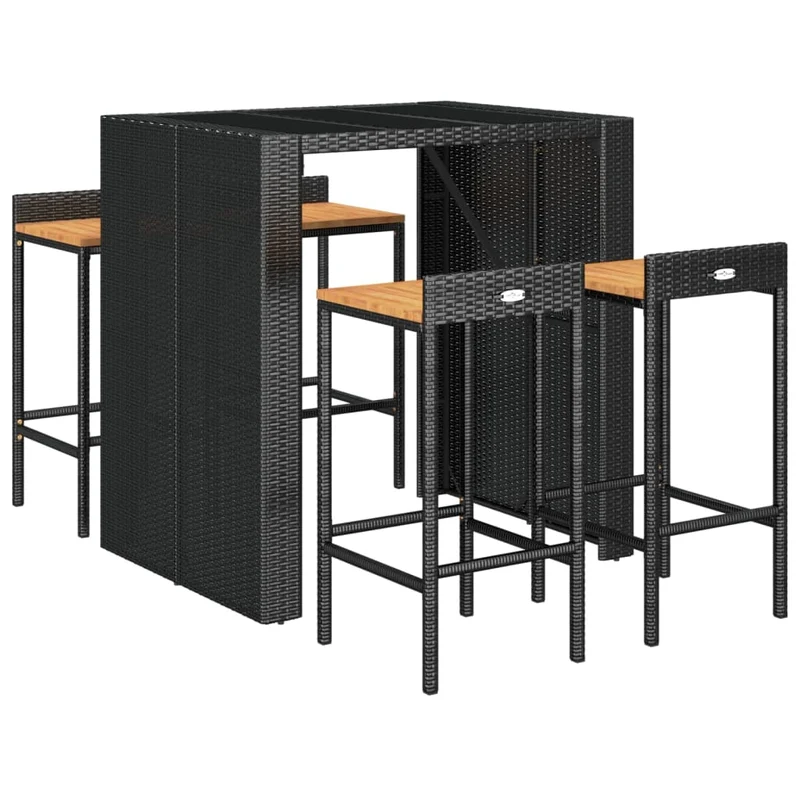 Ensemble de bar de jardin meuble extérieur terrasse 5 pièces noir poly rotin/bois massif acacia 02_0013484