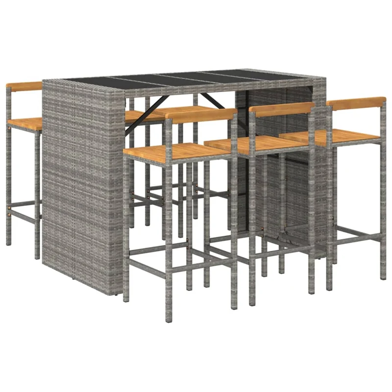 Ensemble de bar de jardin meuble extérieur terrasse 7 pièces gris poly rotin/bois massif acacia 02_0013488