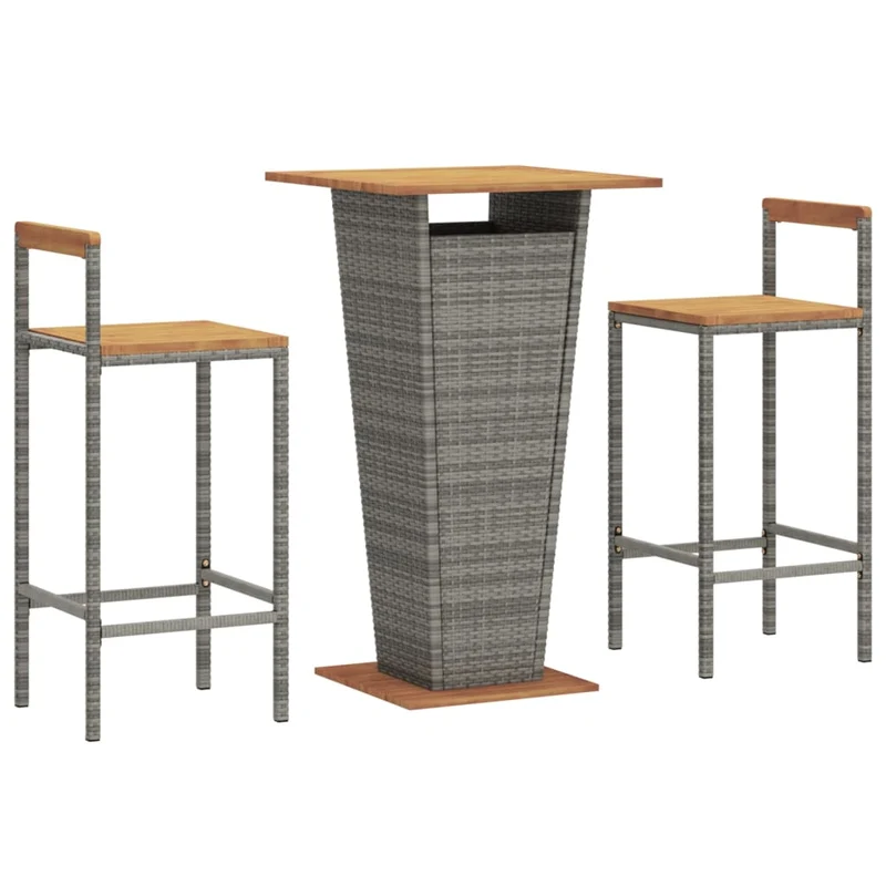 Ensemble de bar de jardin meuble extérieur terrasse 3 pièces gris poly rotin/bois massif acacia 02_0013475