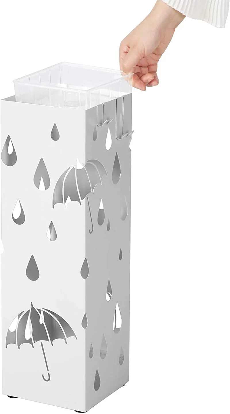 Porte parapluies en métal carré support pour parapluies avec un plateau et crochets 49 cm blanc 12_0000870