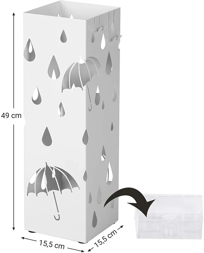 Porte parapluies en métal carré support pour parapluies avec un plateau et crochets 49 cm blanc 12_0000870