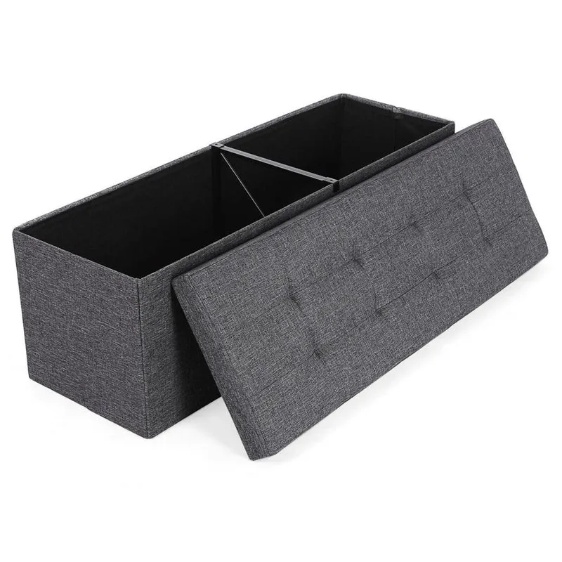 Banc coffre de rangement pouf pliable grand pour 3 personnes tissu en lin gris 110 x 38 x 38 cm 12_0002774