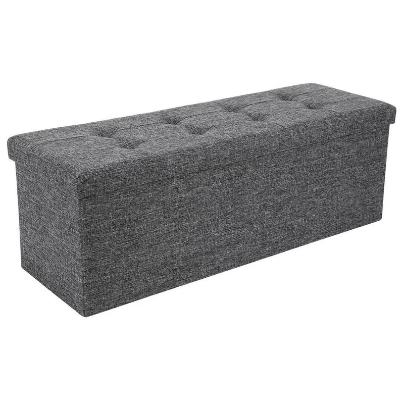 Banc coffre de rangement pouf pliable grand pour 3 personnes tissu en lin gris 110 x 38 x 38 cm 12_0002774