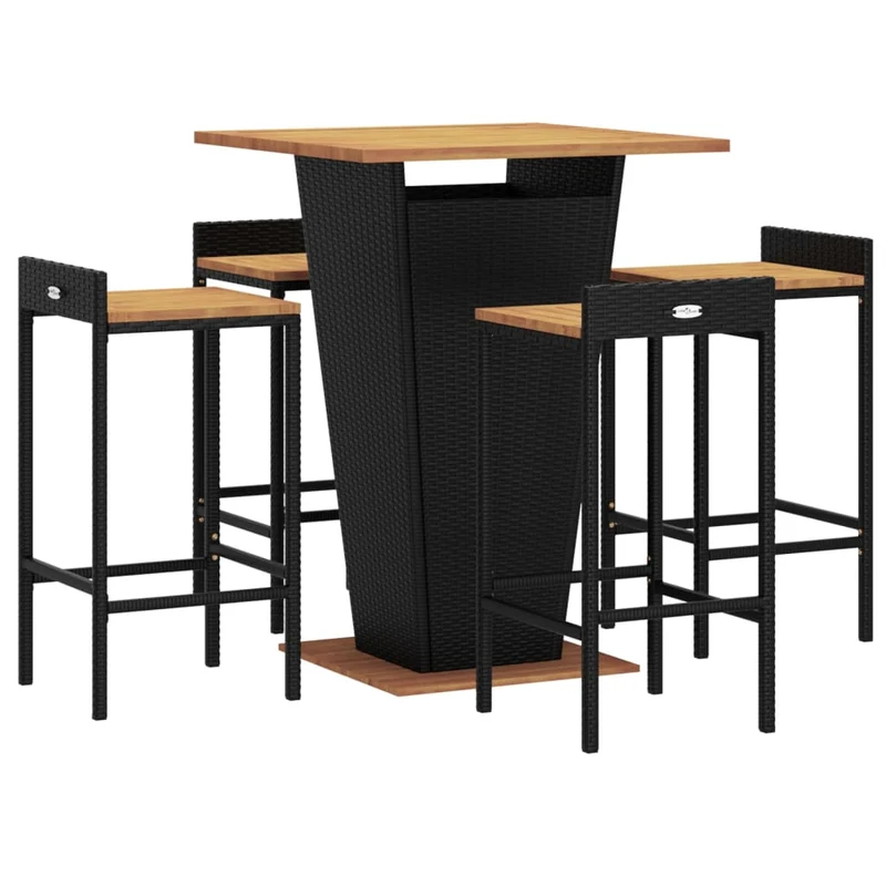 Ensemble de bar de jardin meuble extérieur terrasse 5 pièces noir poly rotin/bois massif acacia 02_0013487