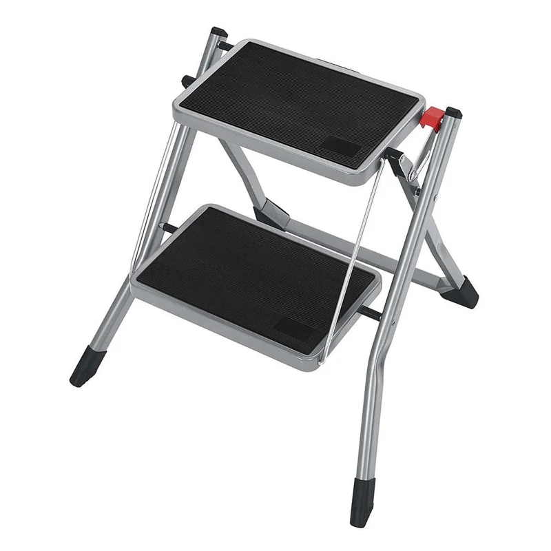 Escabeau à 2 marches marche-pieds pliable largeur de marche 20 cm caoutchouc antidérapant avec poignée charge 150 kg en acier gris et noir 12_0001917