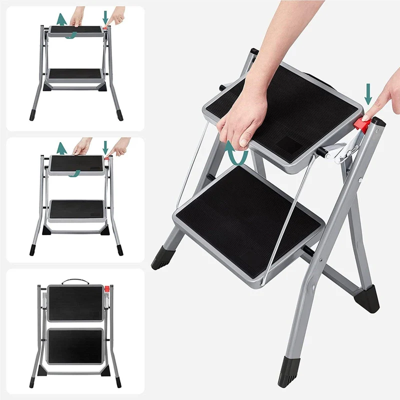 Escabeau à 2 marches marche-pieds pliable largeur de marche 20 cm caoutchouc antidérapant avec poignée charge 150 kg en acier gris et noir 12_0001917