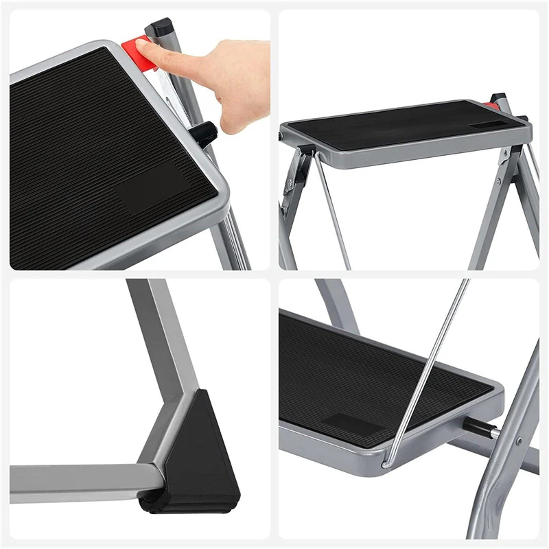 Escabeau à 2 marches marche-pieds pliable largeur de marche 20 cm caoutchouc antidérapant avec poignée charge 150 kg en acier gris et noir 12_0001917