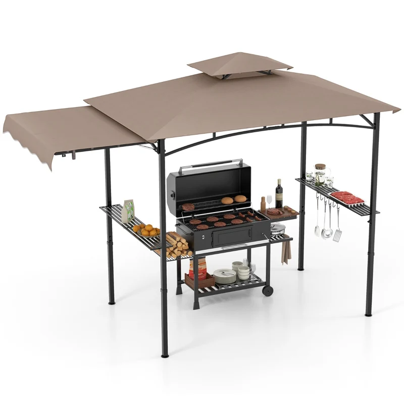 Tonnelle de barbecue 318 x 153 x 250 cm avec auvent latéral espace ombragé et rangement esthétique design en polyester café 20_0014397