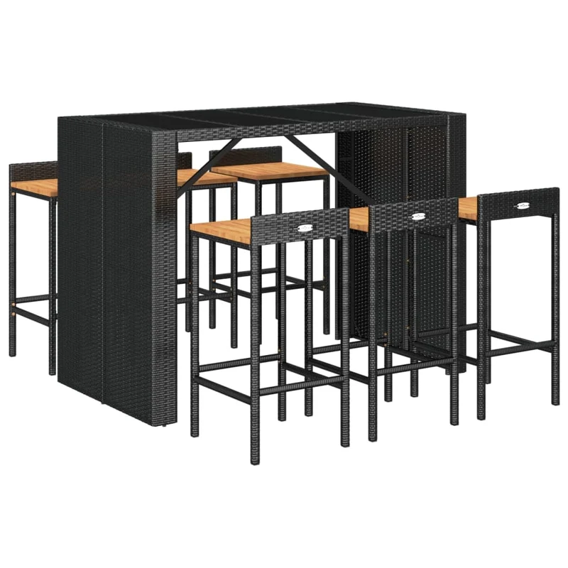 Ensemble de bar de jardin meuble extérieur terrasse 7 pièces noir poly rotin/bois massif acacia 02_0013489