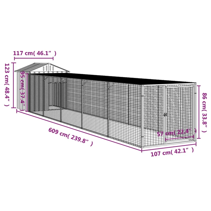 Poulailler enclos cage poules avec cour 117 x 609 x 123 cm acier galvanisé anthracite 02_0043948