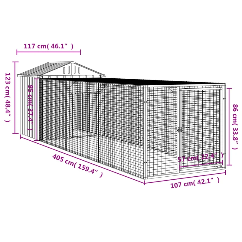 Poulailler enclos cage poules avec cour 117 x 405 x 123 cm acier galvanisé anthracite 02_0043947