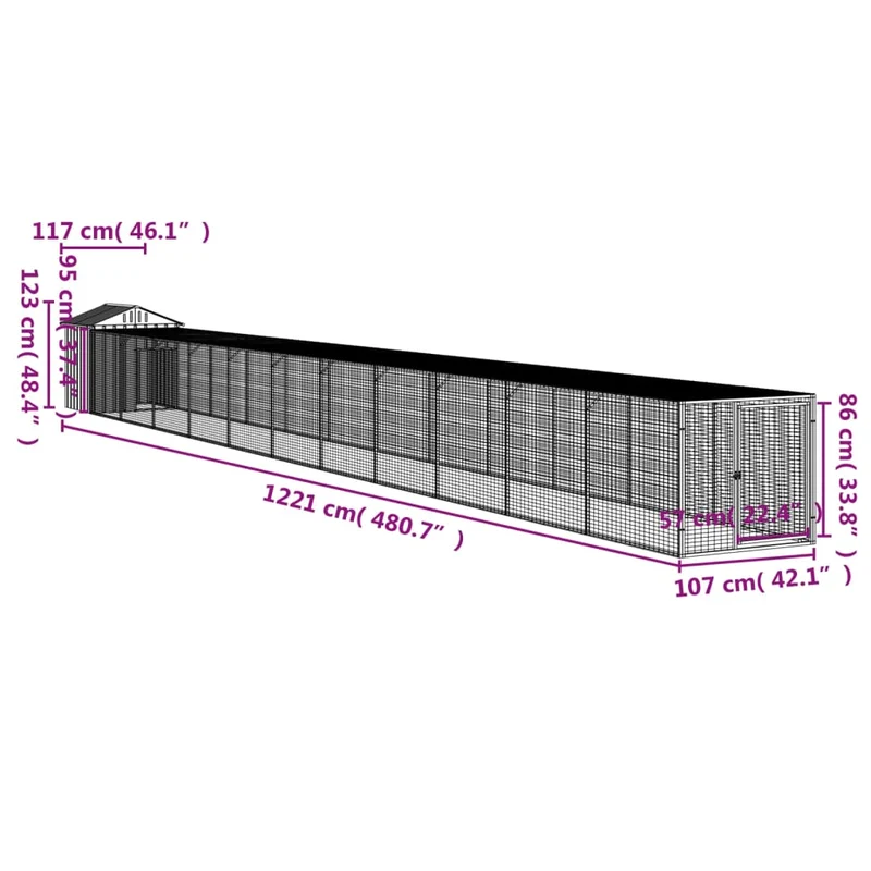 Poulailler enclos cage poules avec cour 117 x 1221 x 123 cm acier galvanisé anthracite 02_0043945