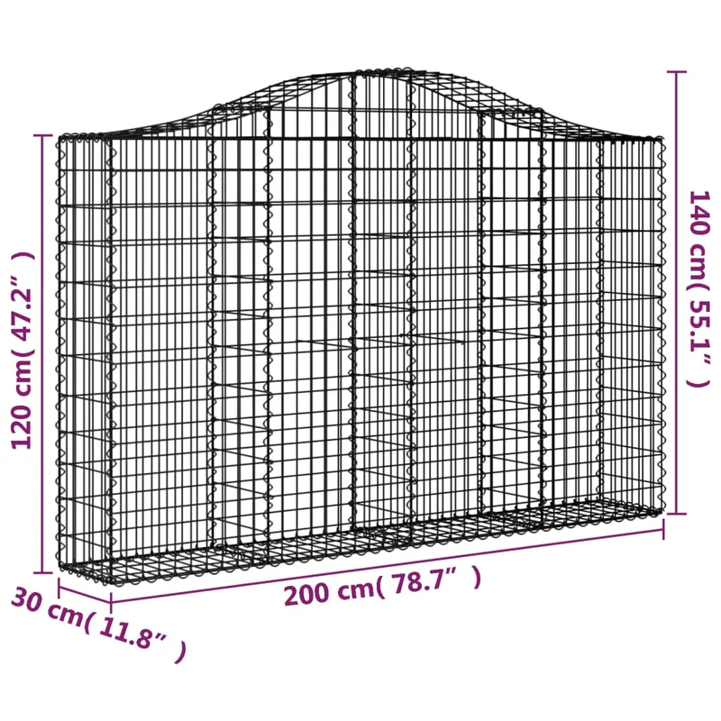 Panier de gabions clôture cage mur de soutènement arqué 200 x 30 x 120/140 cm fer galvanisé Argent 02_0039993