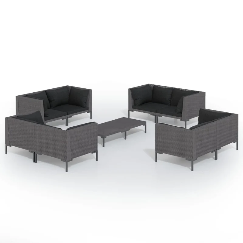 Salon de jardin meuble d'extérieur ensemble de mobilier 9 pièces avec coussins résine tressée gris foncé 02_0018110