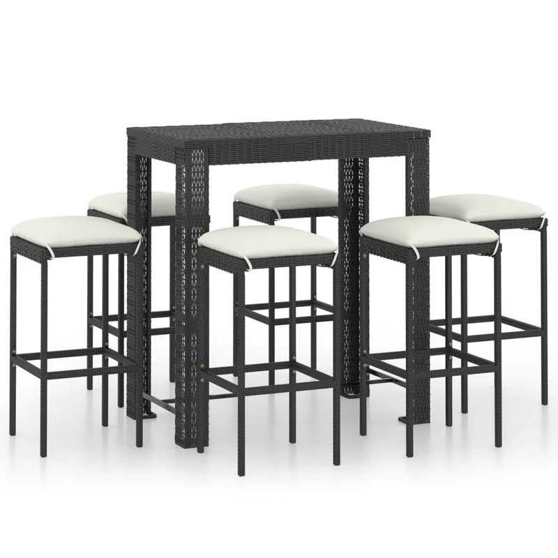 Ensemble de bar de jardin 7 pièces et coussins résine tressée noir 02_0013433