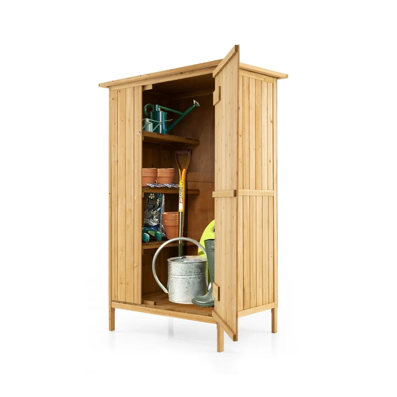 Armoire de rangement extérieure 91 x 66 x 150 cm avec porte verrouillable et 5 crochets style naturel en bois de sapin 20_0010246