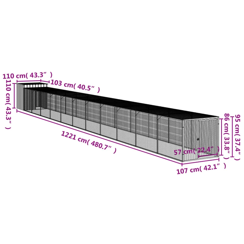Poulailler enclos cage poules avec cour 110 x 1221 x 110 cm acier galvanisé anthracite 02_0043939