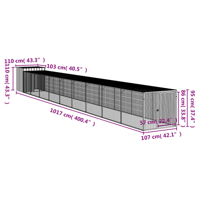 Poulailler enclos cage poules avec cour 110 x 1017 x 110 cm acier galvanisé anthracite 02_0043938