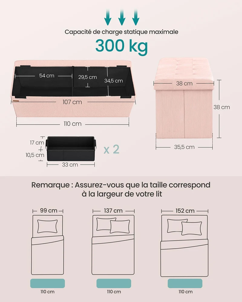 Banc de rangement pouf pliable 38 x 76 x 38 cm bout de lit repose-pieds coffre de rangement charge jusqu'à 300 kg pour salon chambre entrée rose 12_0004169