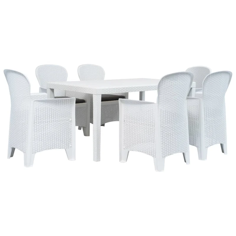 Meuble à dîner d'extérieur 7 pièces plastique blanc aspect de rotin 02_0014511