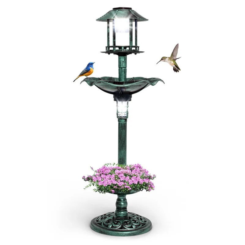 Bain d'oiseaux extérieur 43 x 110 cm éclairage solaire ambiance agréable avec jardinière design en bronze 20_0010495