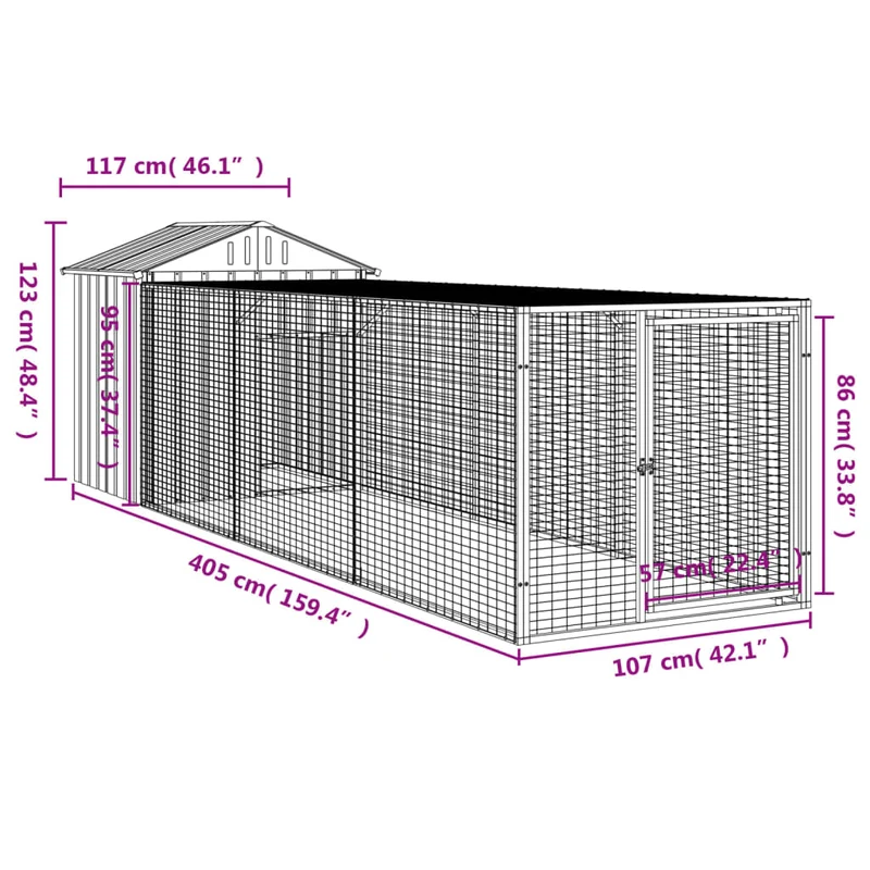 Poulailler enclos cage poules avec cour clair 117 x 405 x 123 cm acier galvanisé gris 02_0043959