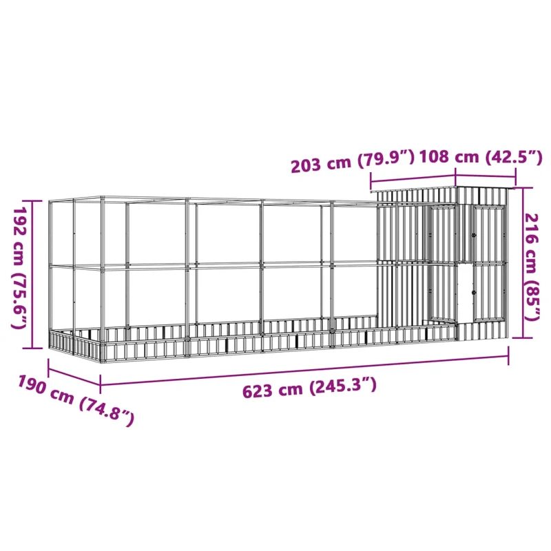 Volière cage à oiseaux avec extension argenté 623 x 203 x 216 cm acier Argent 02_0045658