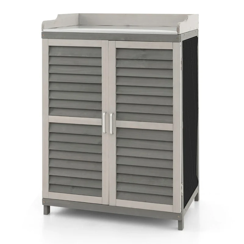 Abri de jardin avec postes de travail 67 x 47 x 100 cm rangement pratique 2 étagères ambiance cosy en bois de sapin gris 20_0020932