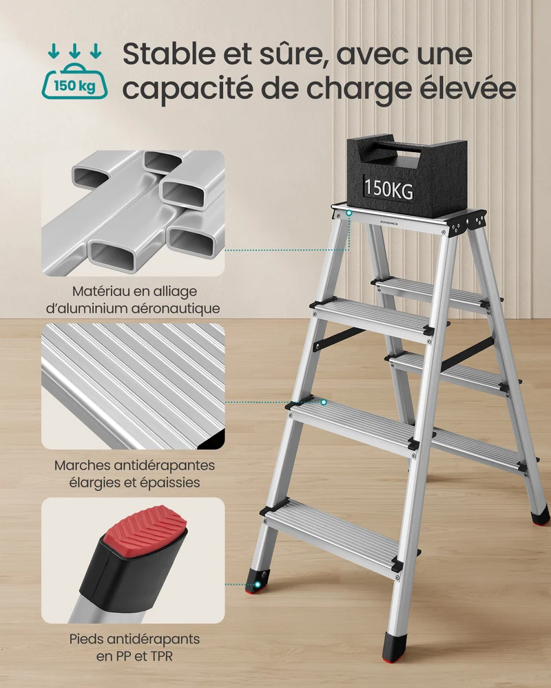Échelle escabeau échelle en alliage d'aluminium avec 4 marches marche pied multifonctions charge : 150 kg gris argent et noir d'encre 12_0005328
