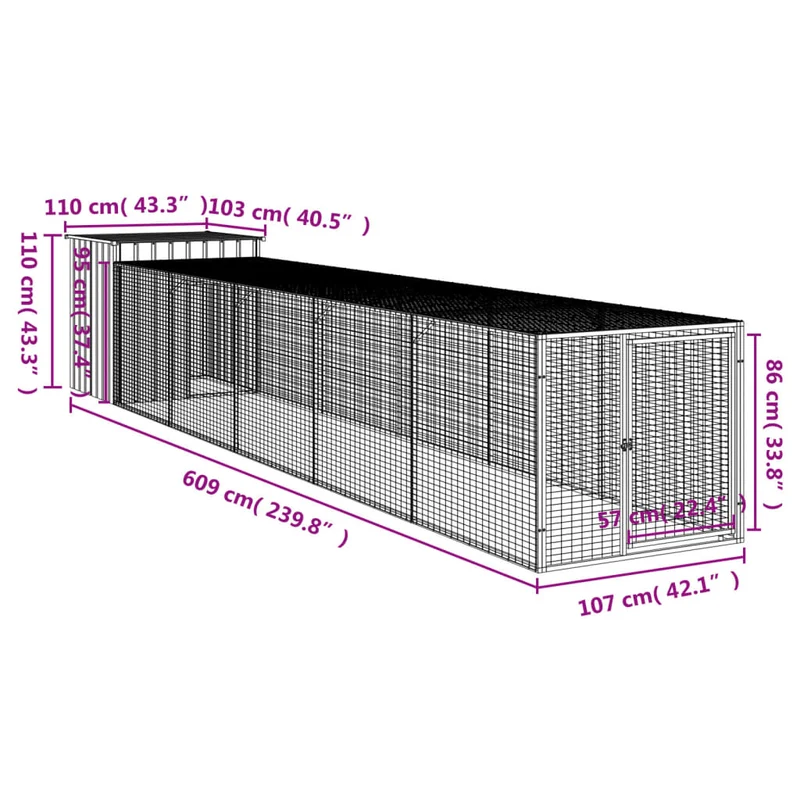 Poulailler enclos cage poules avec cour 110 x 609 x 110 cm acier galvanisé anthracite 02_0043942