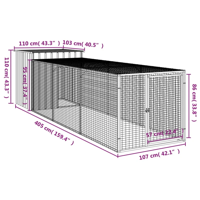 Poulailler enclos cage poules avec cour 110 x 405 x 110 cm acier galvanisé anthracite 02_0043941