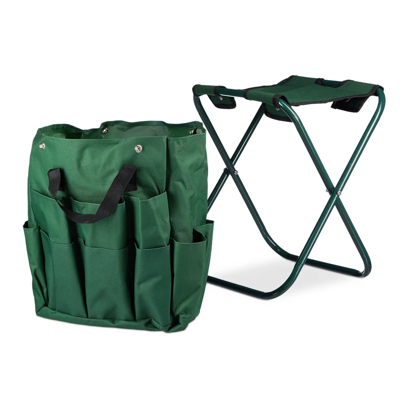 Tabouret porte-outils de jardinage 16 poches et compartiment intérieur pliable vert 13_0002810