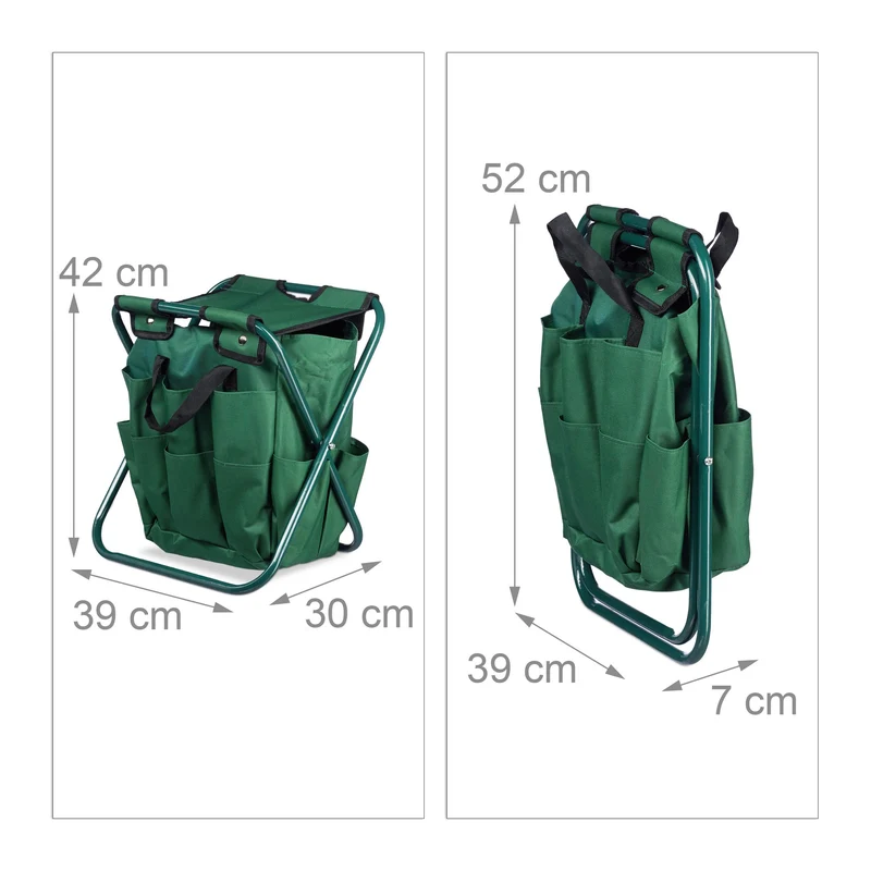 Tabouret porte-outils de jardinage 16 poches et compartiment intérieur pliable vert 13_0002810