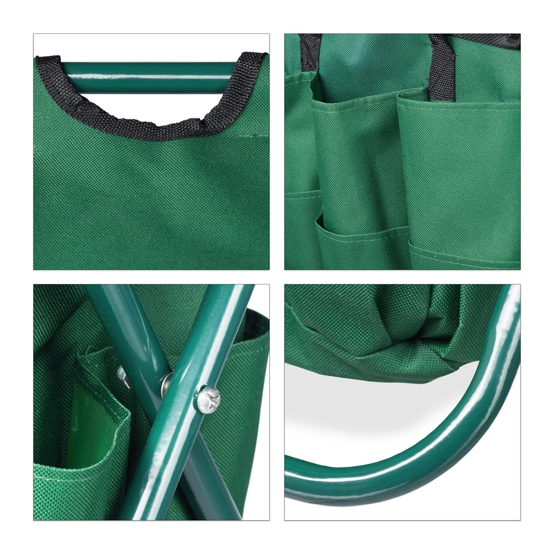 Tabouret porte-outils de jardinage 16 poches et compartiment intérieur pliable vert 13_0002810