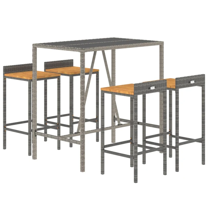 Ensemble de bar de jardin meuble extérieur terrasse 5 pièces gris poly rotin/bois massif acacia 02_0013482