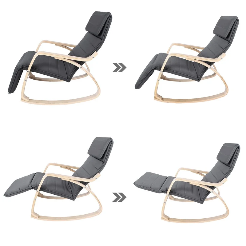 Fauteuil à bascule chaise berçante avec repose-pieds réglable à 5 niveaux avec oreiller housse en coton capacité de charge 150 kg gris 1112007