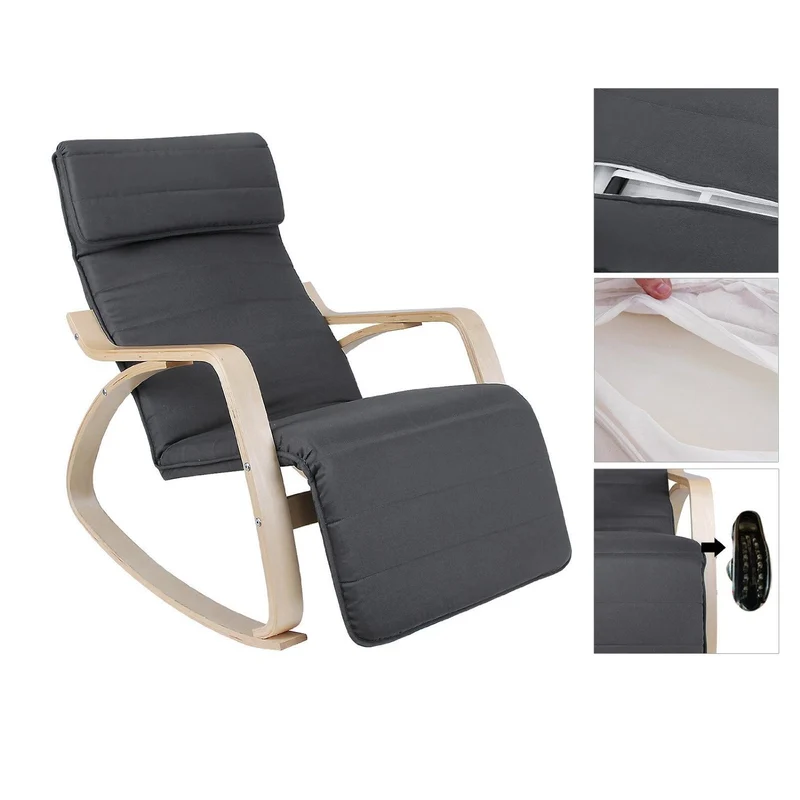 Fauteuil à bascule chaise berçante avec repose-pieds réglable à 5 niveaux avec oreiller housse en coton capacité de charge 150 kg gris 1112007