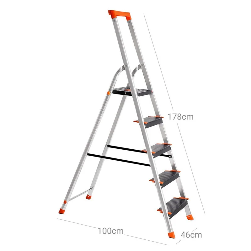 Échelle 5 marches en aluminium escabeau largeur de la marche 12 cm pliable plateau à outil pieds antidérapants capacité de charge 150 kg noir 12_0001923