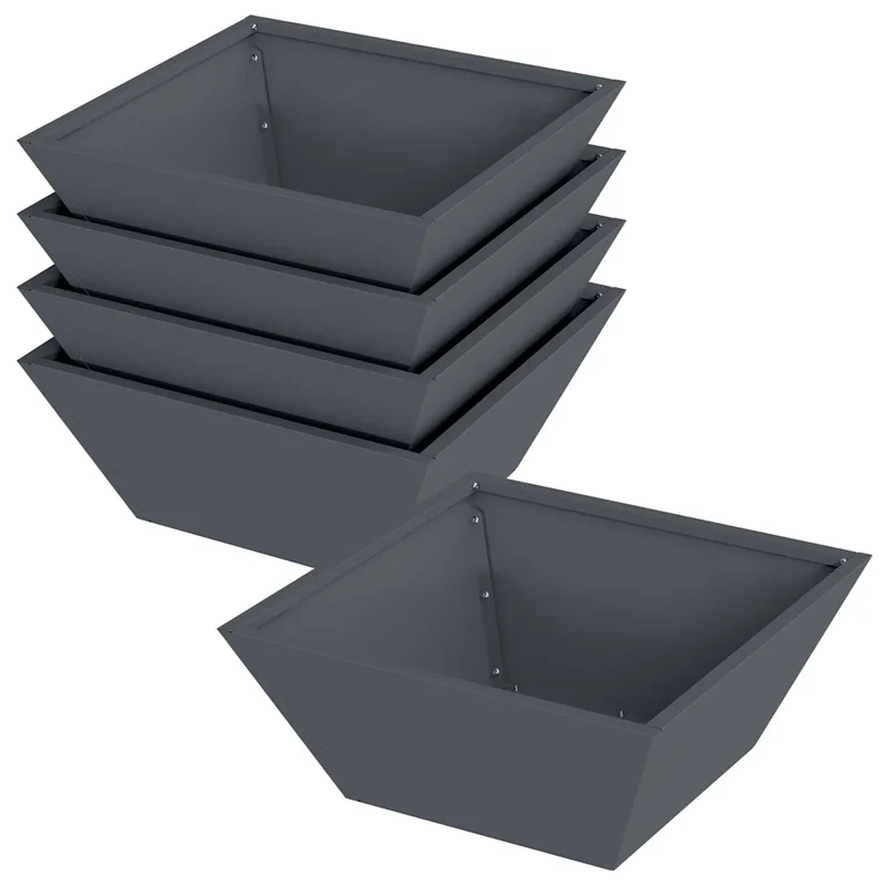 Lot de 5 cache-pots trapézoïdaux modernes extérieur jardin 40 x 40 x 15 cm en acier anthracite 02_0052373
