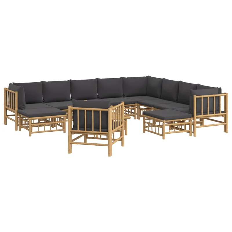 Salon de jardin meuble d'extérieur ensemble de mobilier 12 pièces avec coussins gris foncé bambou 02_0015587