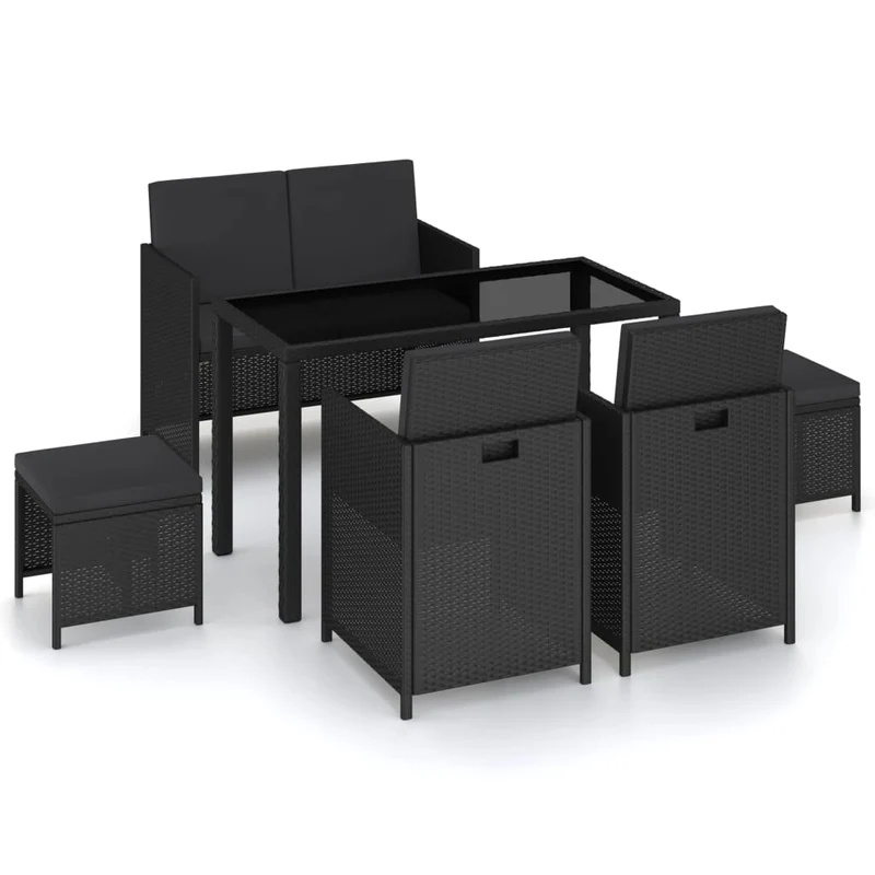 Mobilier à dîner de jardin 6 pièces et coussins résine tressée noir 02_0014802