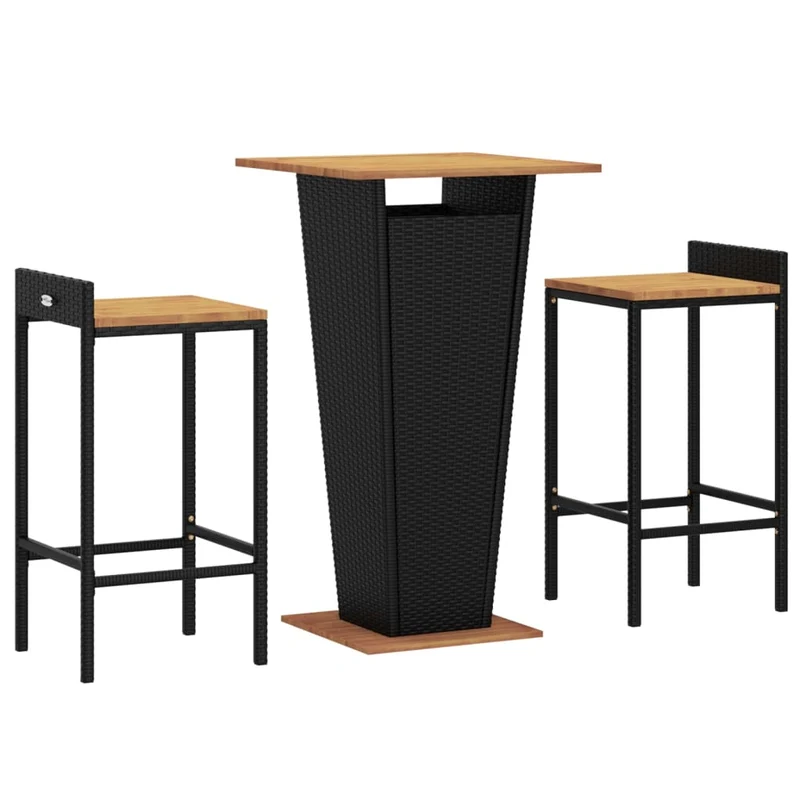 Ensemble de bar de jardin meuble extérieur terrasse 3 pièces noir poly rotin/bois massif acacia 02_0013477