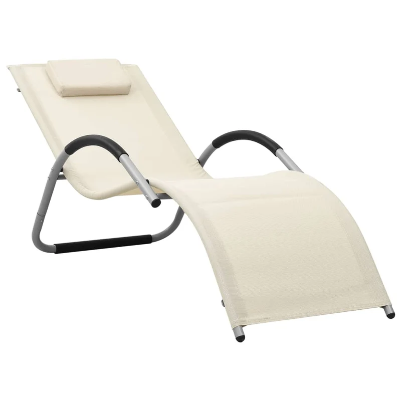 Transat chaise longue bain de soleil lit de jardin terrasse meuble d'extérieur textilène crème et gris 02_0012929