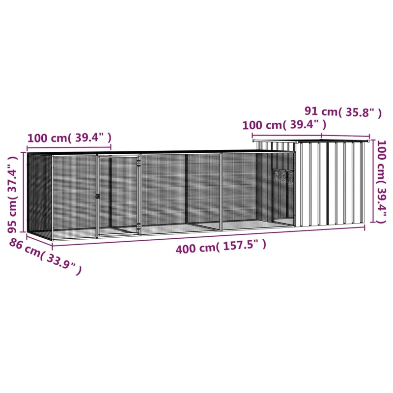 Poulailler enclos cage poules 400 x 91 x 100 cm acier galvanisé anthracite 02_0043926