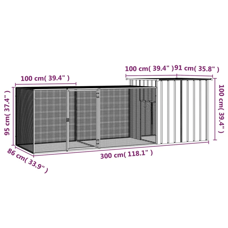 Poulailler enclos cage poules 300 x 91 x 100 cm acier galvanisé anthracite 02_0043925