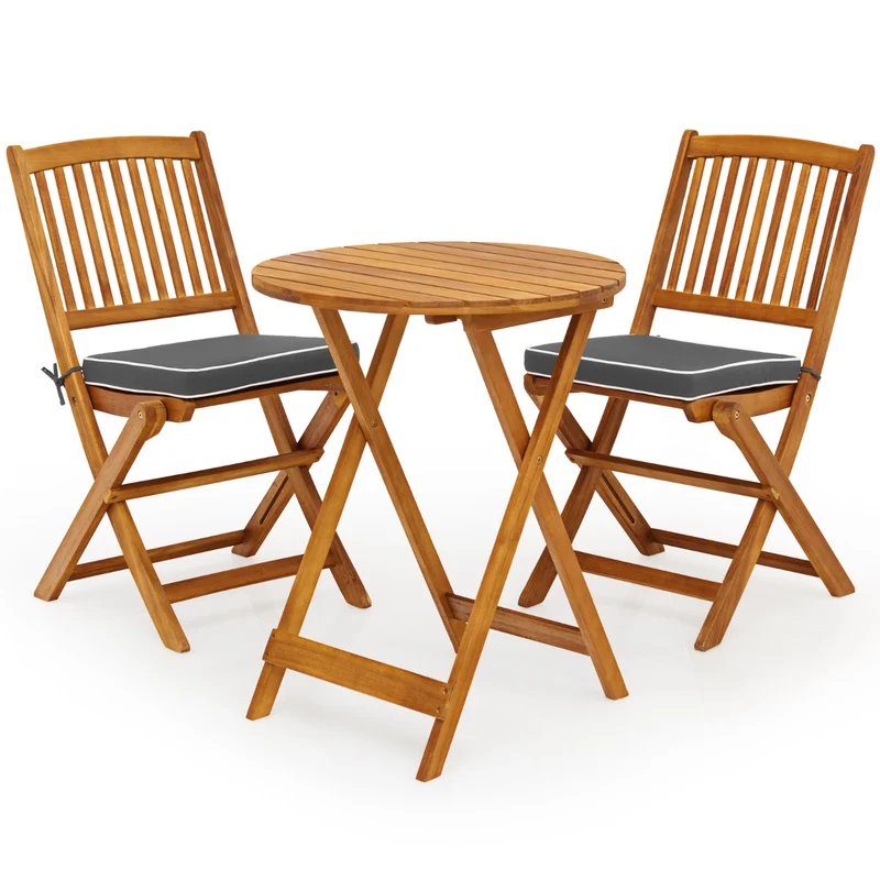Lot de 3 ensemble bistro pliant pour patio 60 x 74,5 cm chaise ergonomique avec coussins doux ambiance naturelle en bois d'acacia gris 20_0011739