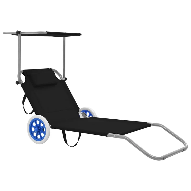 Transat chaise longue bain de soleil lit de jardin terrasse meuble d'extérieur pliable avec auvent et roues acier noir 02_0012825
