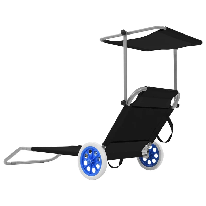 Transat chaise longue bain de soleil lit de jardin terrasse meuble d'extérieur pliable avec auvent et roues acier noir 02_0012825