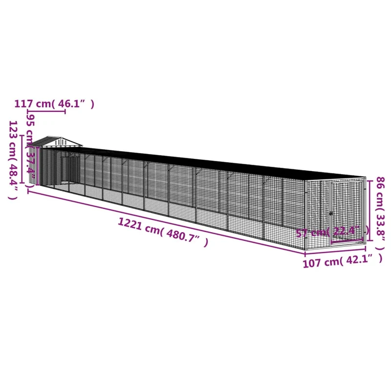 Poulailler enclos cage poules avec cour clair 117 x 1221 x 123 cm acier galvanisé gris 02_0043957
